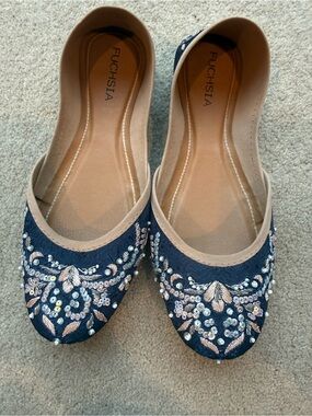 Fuchsia Navy Embroidered Sequin Ballet Flats